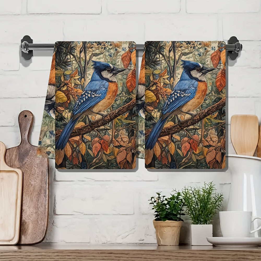Set of 2 Coastal Blue Jay Kitchen Towels 40x60cm Super Absorbent Machine Washable