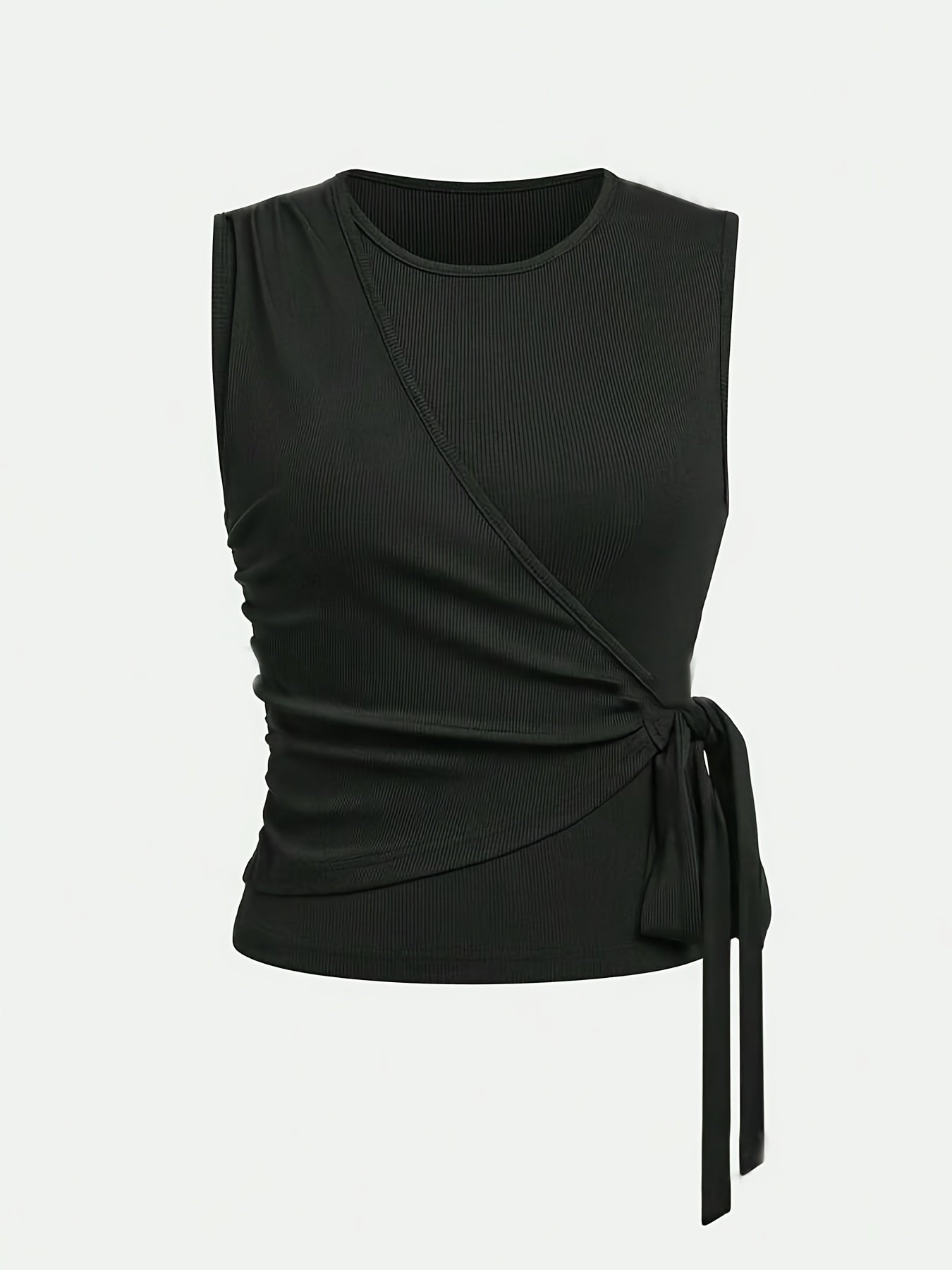 Women's Solid Color Pantsuit with Crew Neck Lace-Up Tank Top and Wide Leg Pants