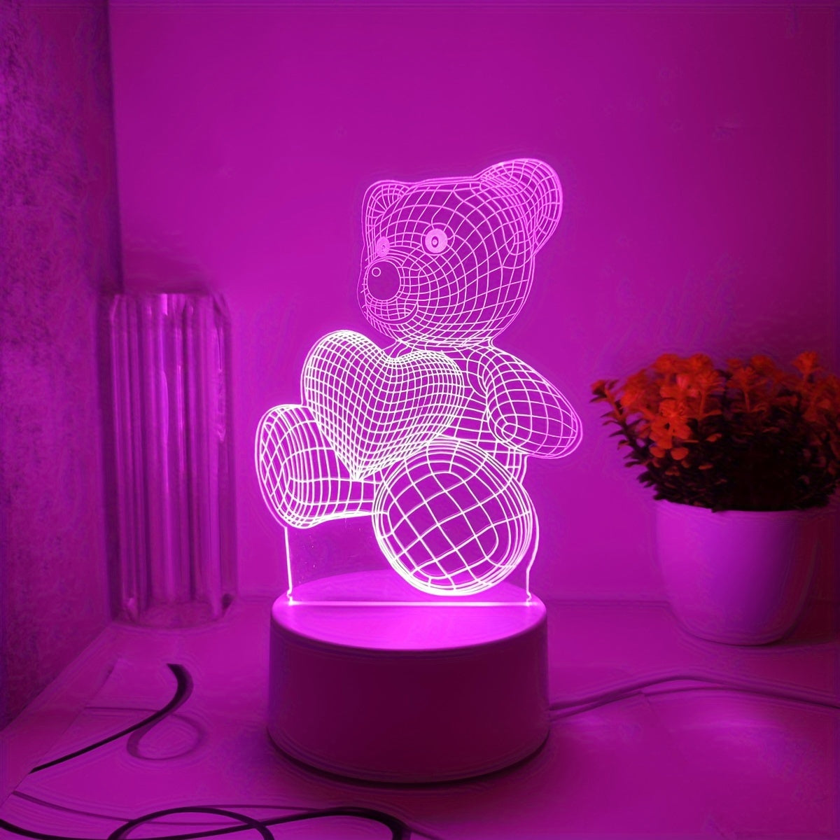 3D Pink Heart Bear Night Light USB Powered Switch Control Modern Bedroom Decor