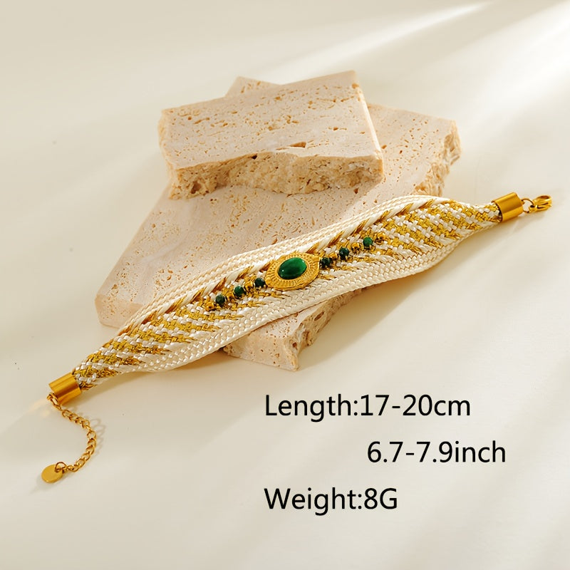 Gold Plated Titanium Steel Bracelet with Turquoise Bohemian Ethnic Woven Design for Women