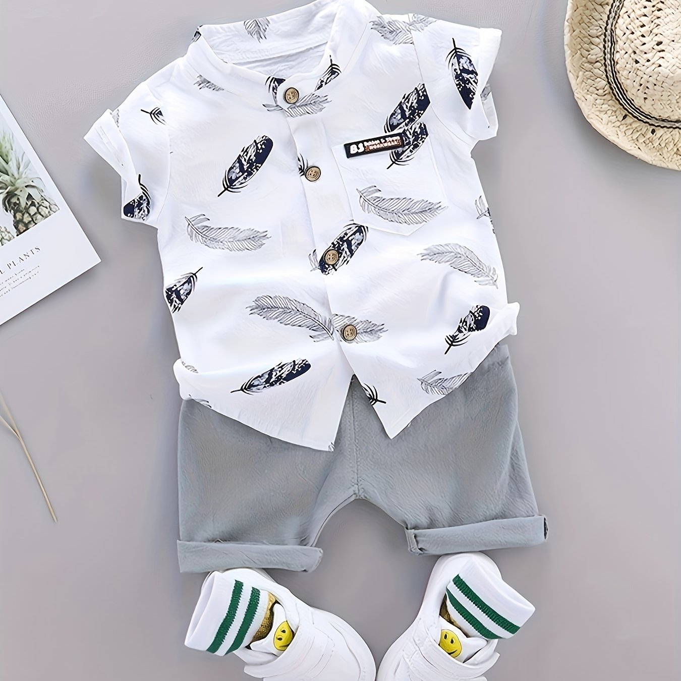 Baby Boys' Summer Cotton Casual Feather Pattern Shirt and Shorts Set