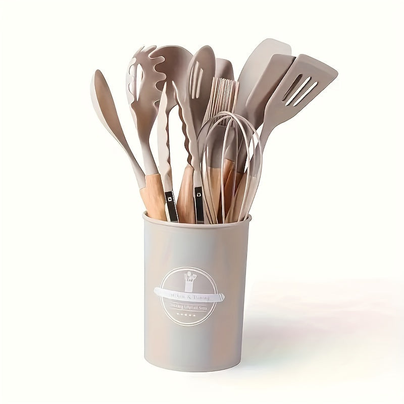 Silicone Kitchen Utensil Set 12 Pieces Non-Stick Cooking Tools with Wooden Handles