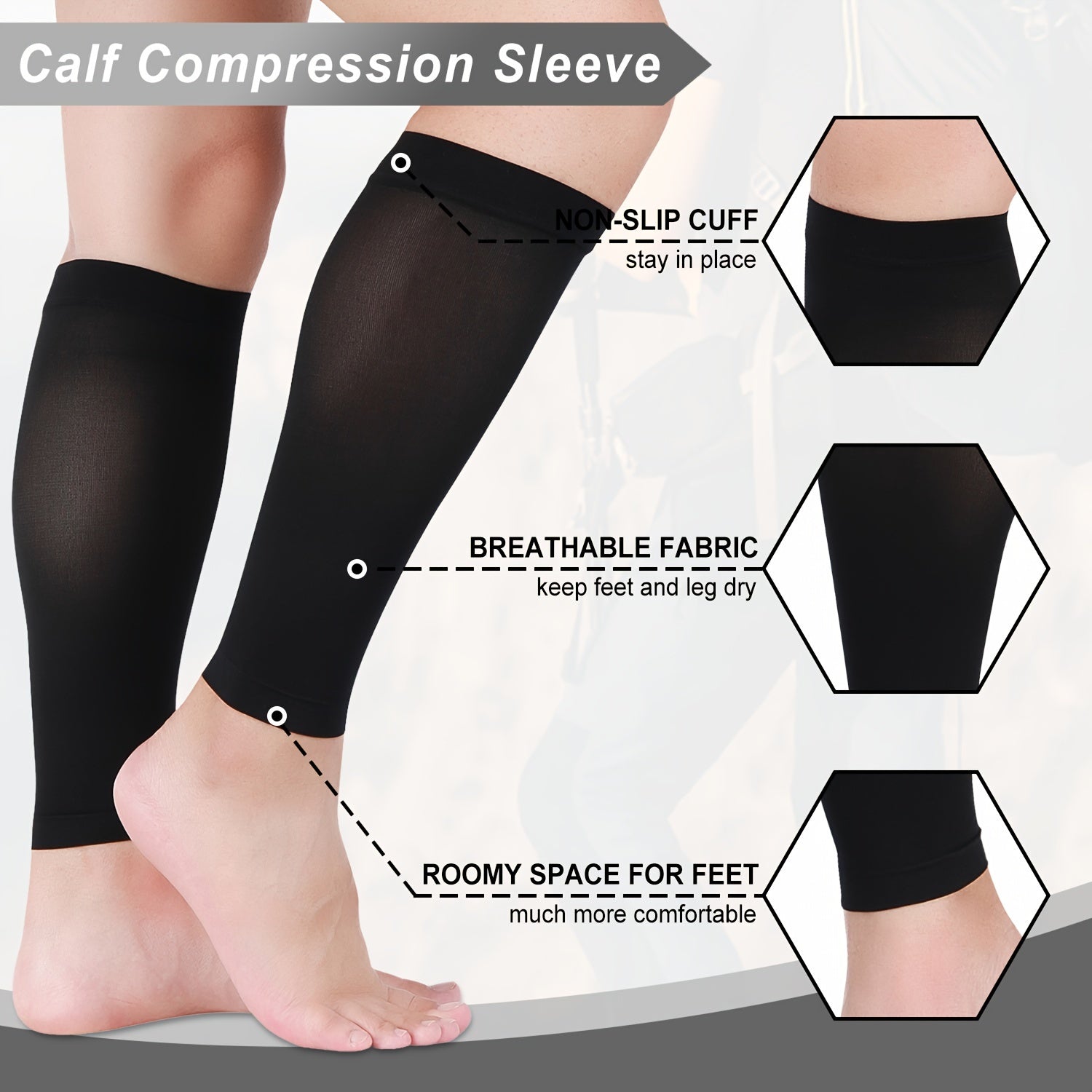 Unisex Nylon Spandex Leg Compression Sleeves 20-30mmHg Breathable Non-Slip