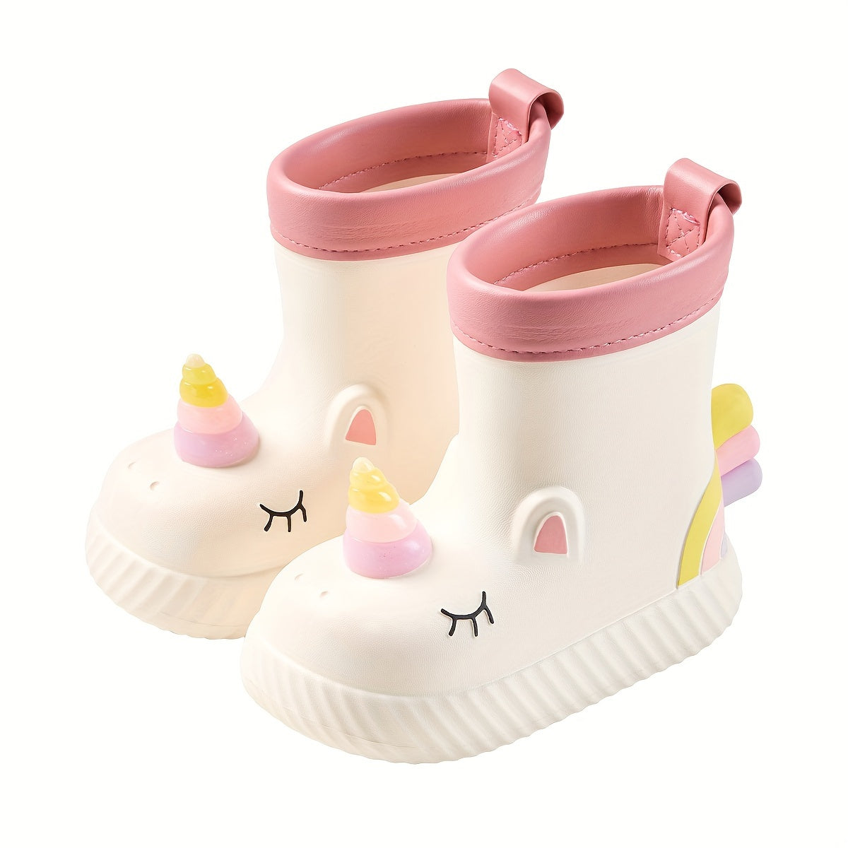 Kids Girls Pink and White Cartoon Unicorn Waterproof Rain Boots Slip-On Non-Slip Short Outdoor Hiking Toddler