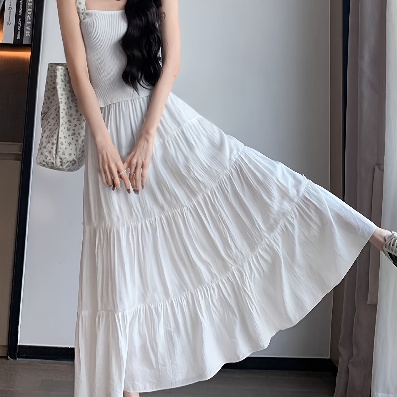 White French Long Skirt for Women Elastic Waist A-Line Casual Maxi Skirt