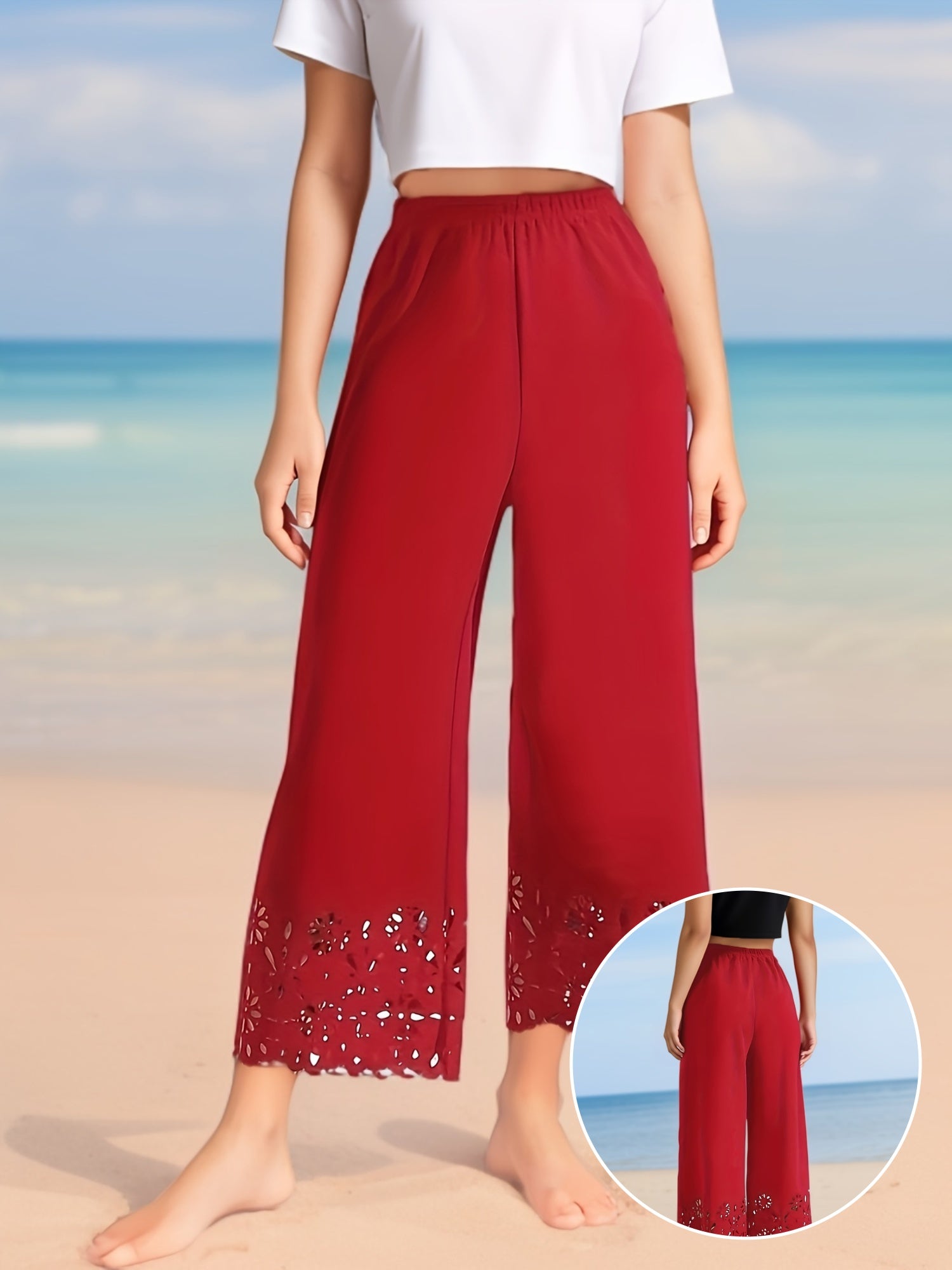 Plus Size Women's Wide-Leg Pants with Lace Cut-Outs Machine Washable All-Season