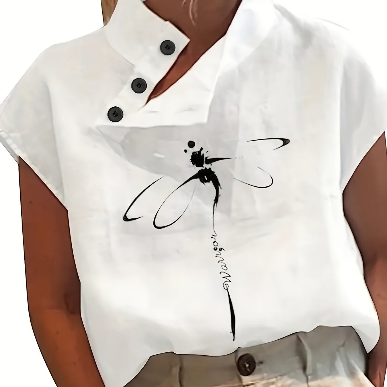 Women's Short Sleeve Blouse with Dragonfly Print and Button Details for Summer