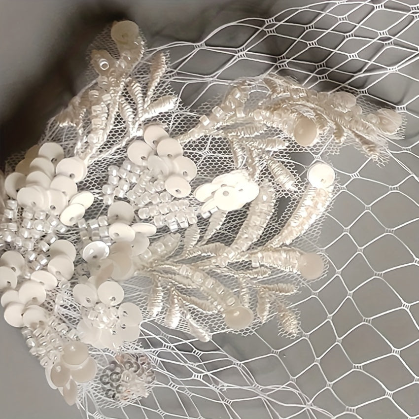 Vintage Lace Veil with Hand-Sewn Grid Design for Weddings and Photoshoots
