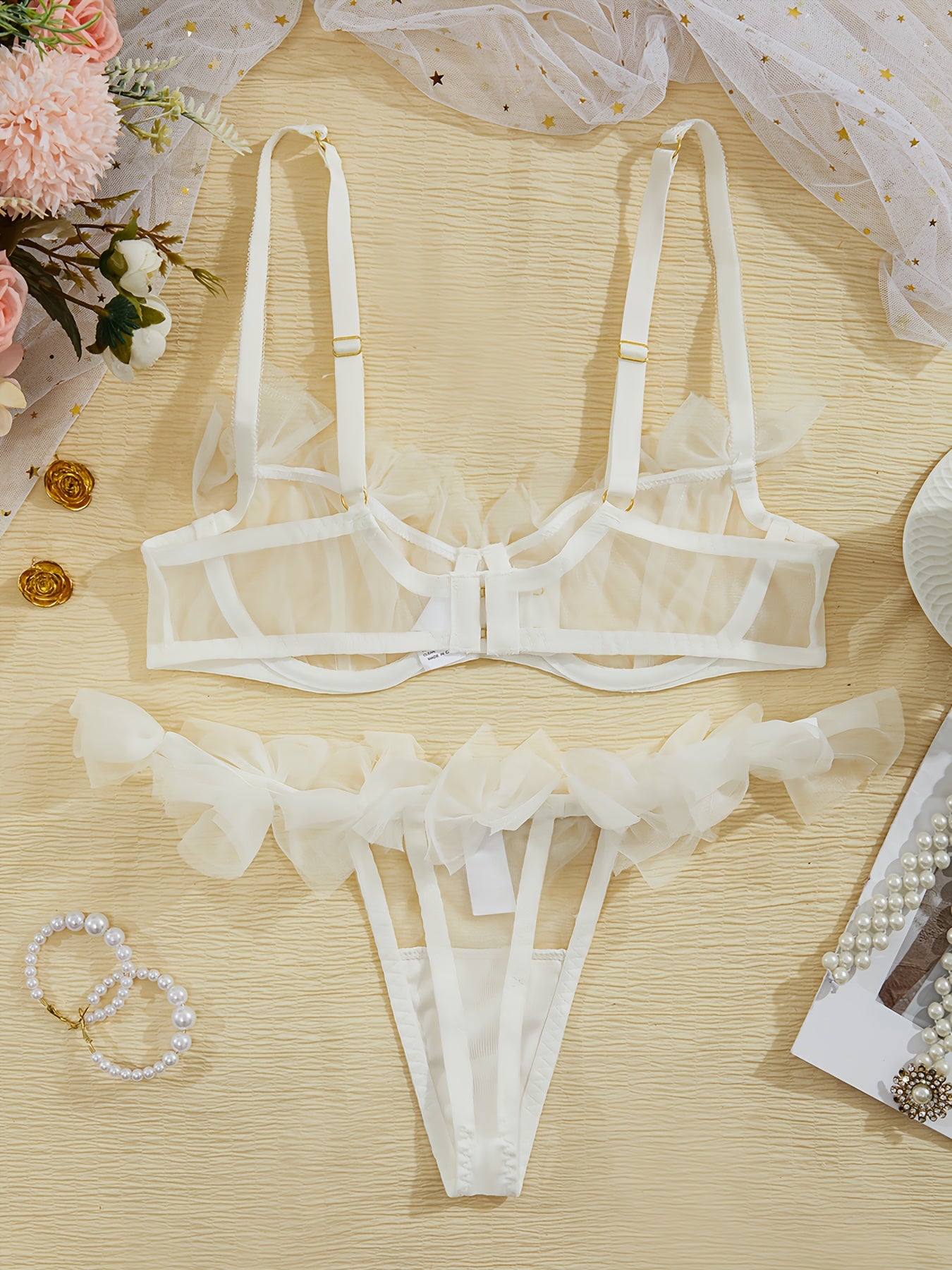 Mesh kamarlik ichki kiyim to'plami, spaghetti tasmalari bilan, bra va ichki kiyimni o'z ichiga oladi, ayollar uchun jozibali kiyim.