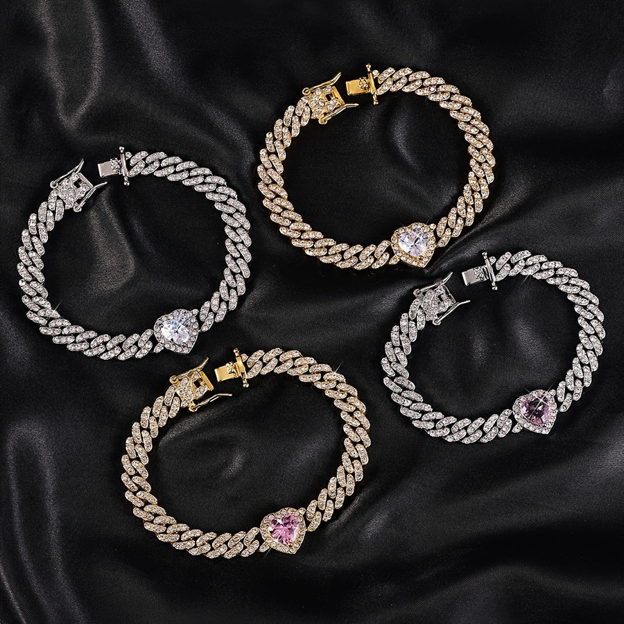 Unisex 8-Inch Hip-Hop Cuban Chain Bracelet with Rhinestone Heart Charm and Synthetic Gemstones