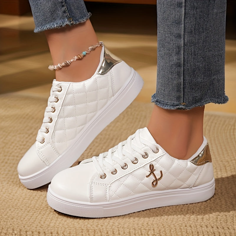 Women's White Lace-Up Sneakers Casual Low Tops Durable Rubber Sole