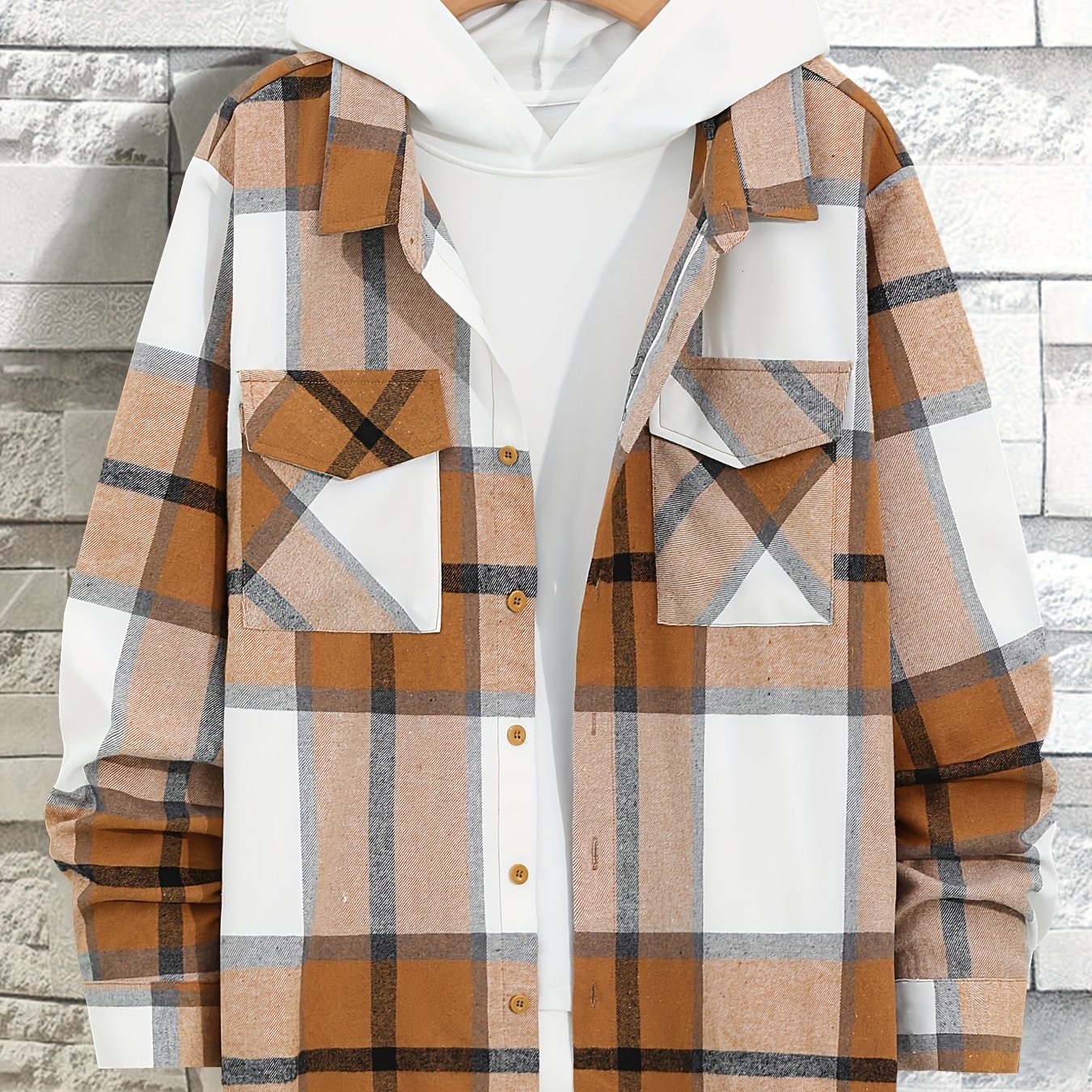 Plus-Size Men’s Plaid Long-Sleeve Shirt Polyester Casual Spring Fall