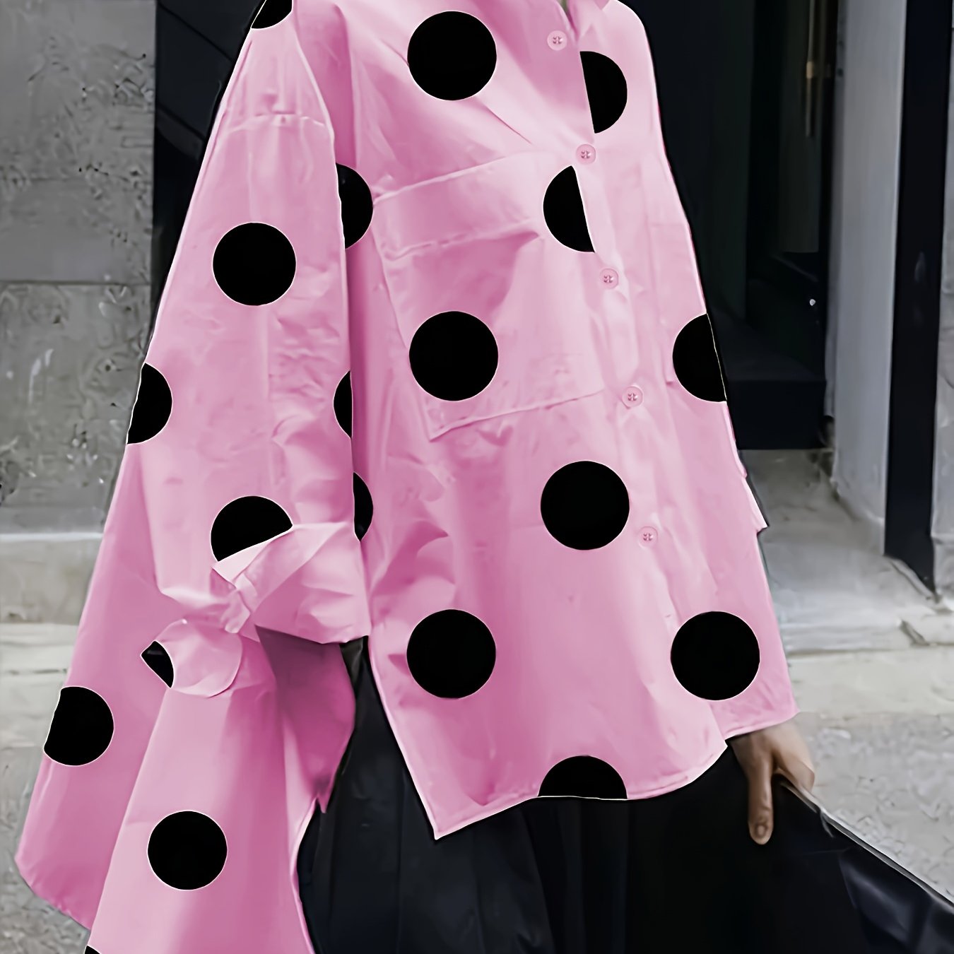 Women's Pink Polka Dot Long Sleeve Shirt with Lapel Collar and Side Slit in Polyester Blend