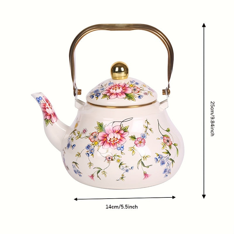 Vintage Enamel Tea Kettle with Gold-Plated Steel Handle 1100W Non-Electric Water Boiler