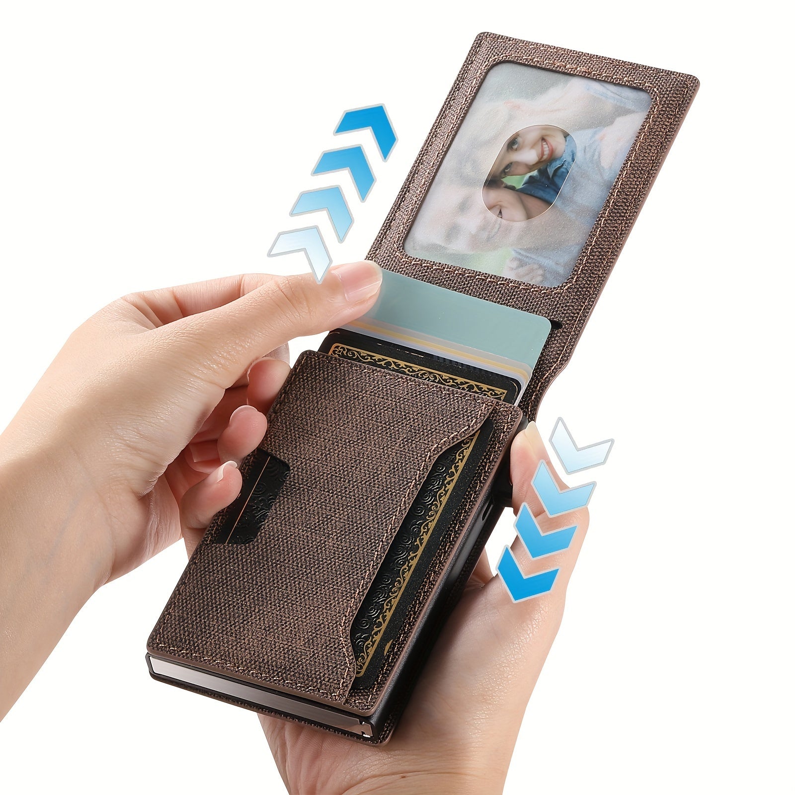 Men Women Bifold Wallet Leather Card Holder with Photo Slot in Black Brown Blue