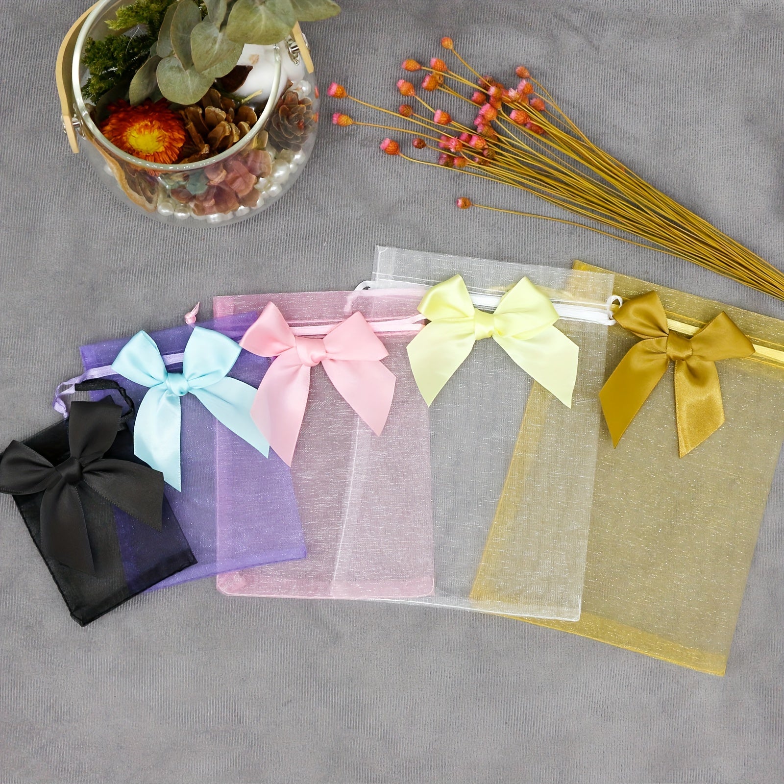 10 Elegant Organza Bags with Ribbon and Bow for Gift Wrapping and Party Favors