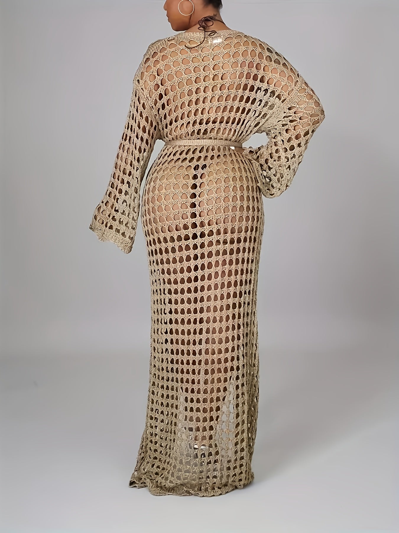 Women's Plus Size Crochet Cardigan with Tie Front Bell Sleeves Beige