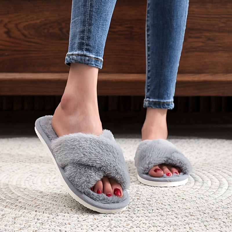 Women's Slip-On Cross Strap House Slippers Plush Furry Lining Flat Shoes