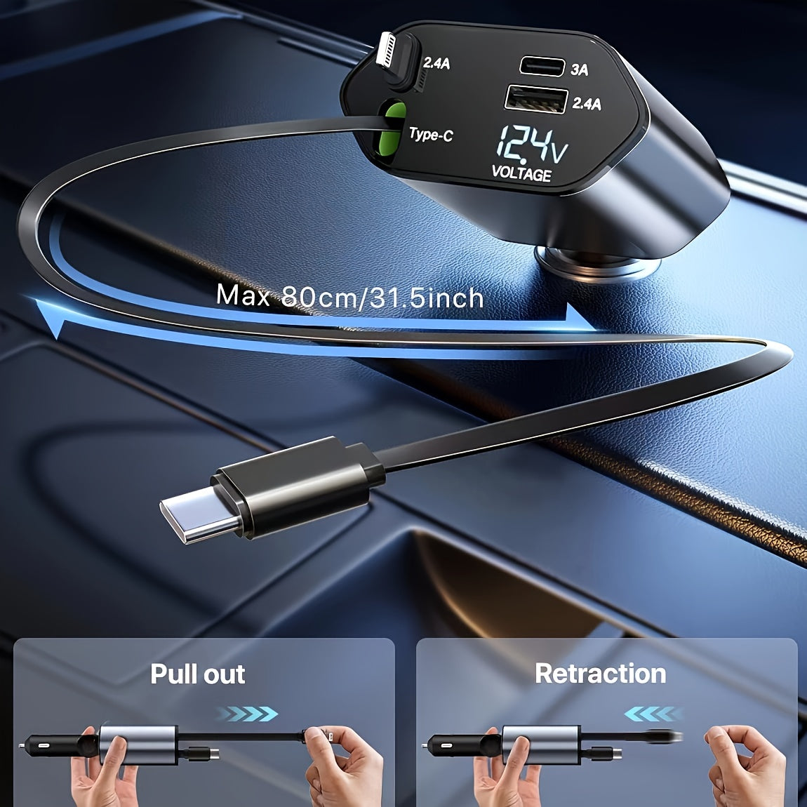 Cargador de coche 4 en 1 con carga rápida de 66W, adaptador de corriente USB C para smartphones