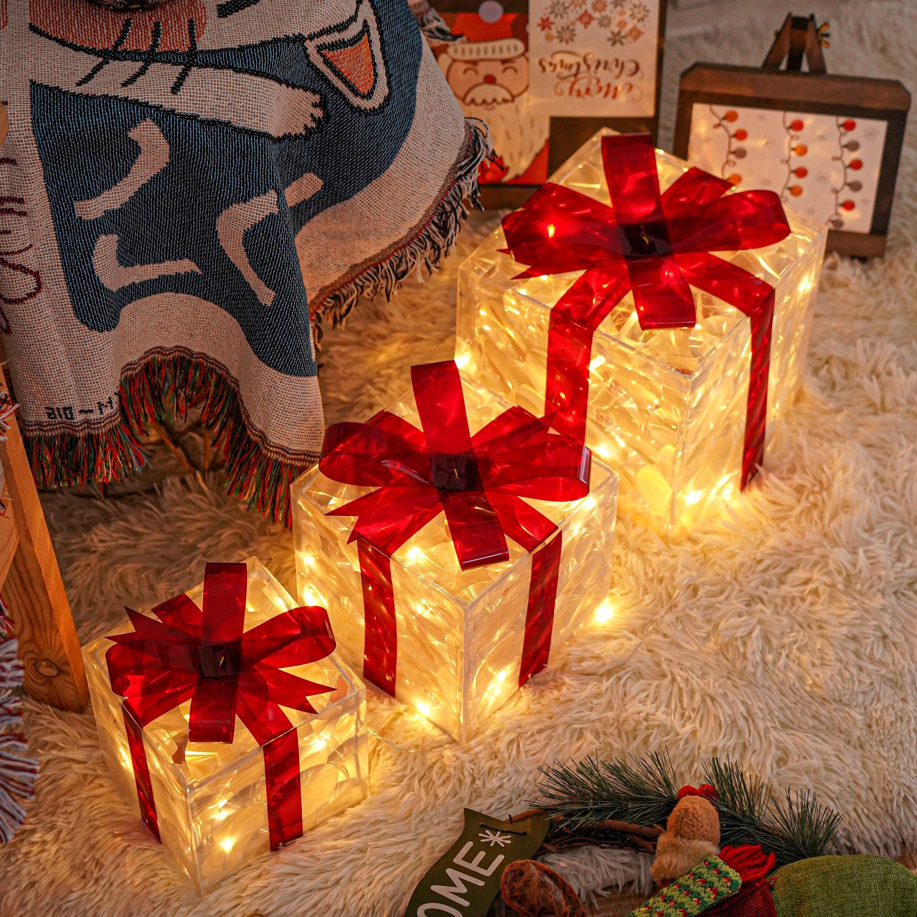 3 Christmas Lighted Gift Boxes with Warm White Lights and Red Bows for Decor