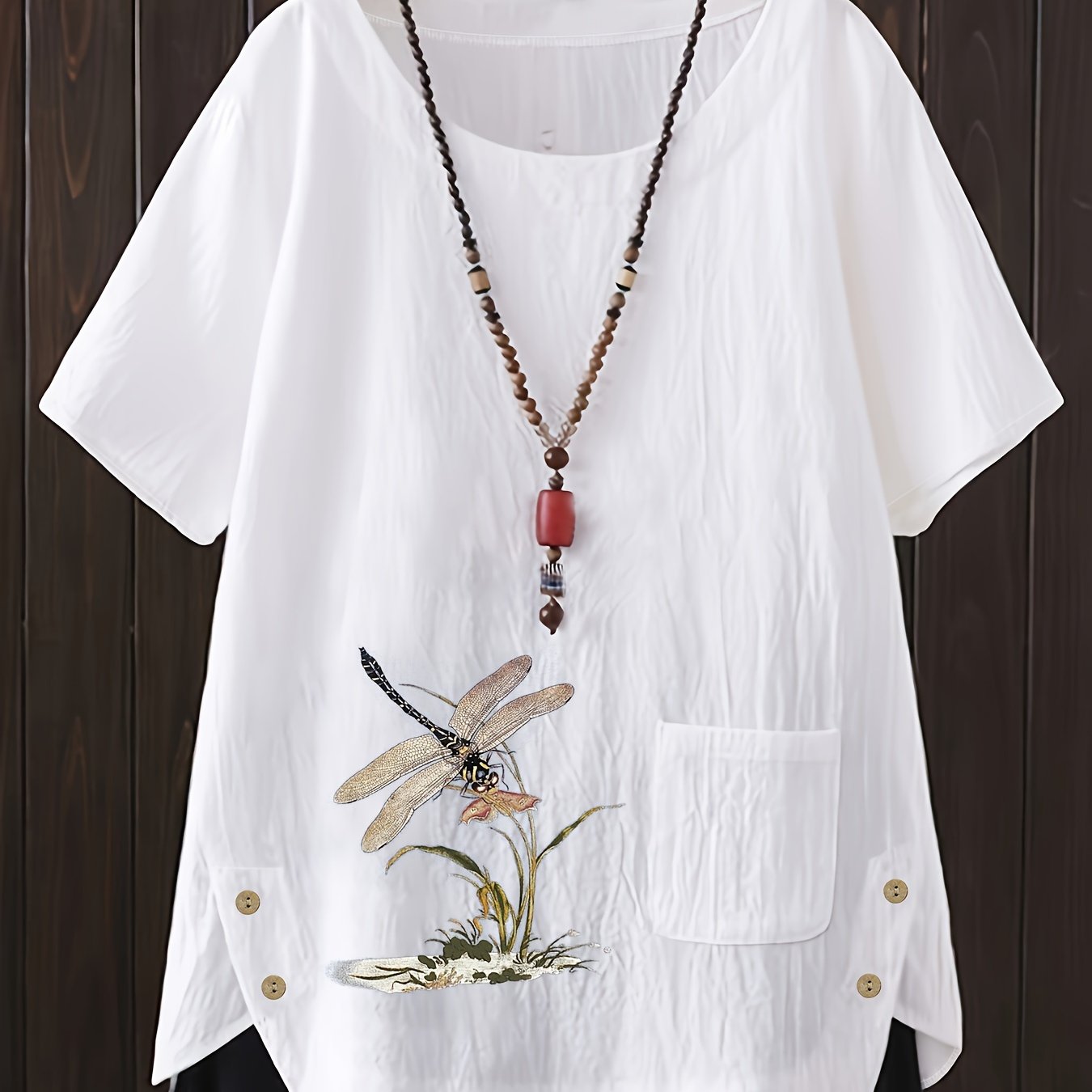 Plus Size Dragonfly Print Blouse with Crew Neck Short Sleeves for Spring Summer