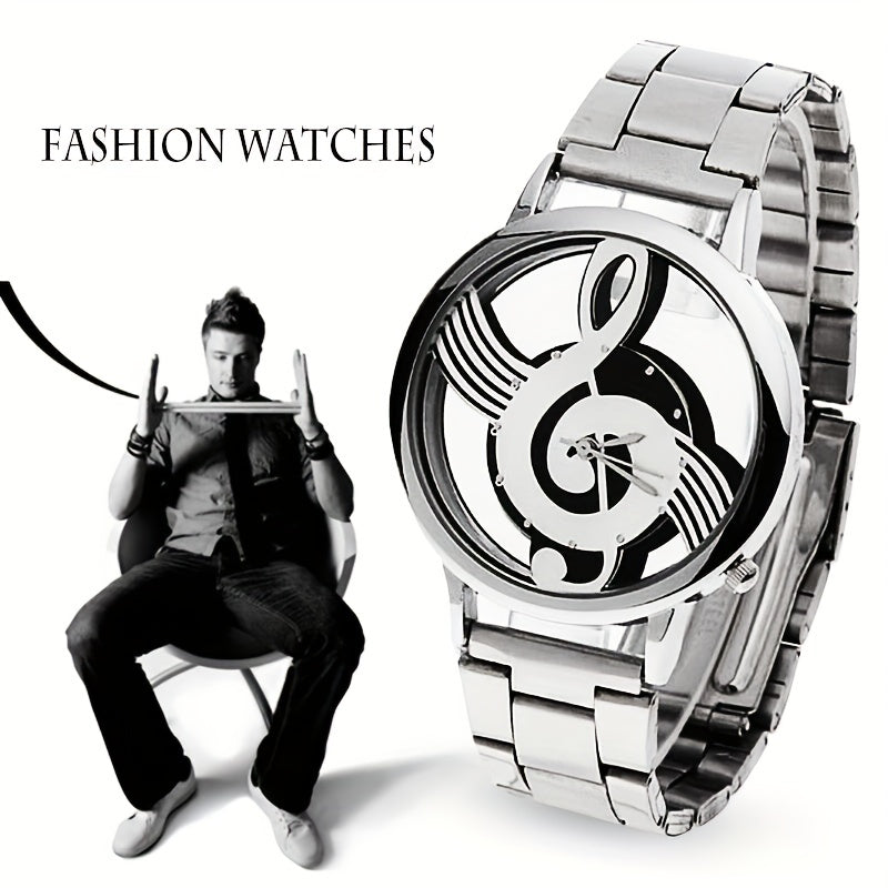 Men's Stainless Steel Quartz Watch with Musical Notation Dial