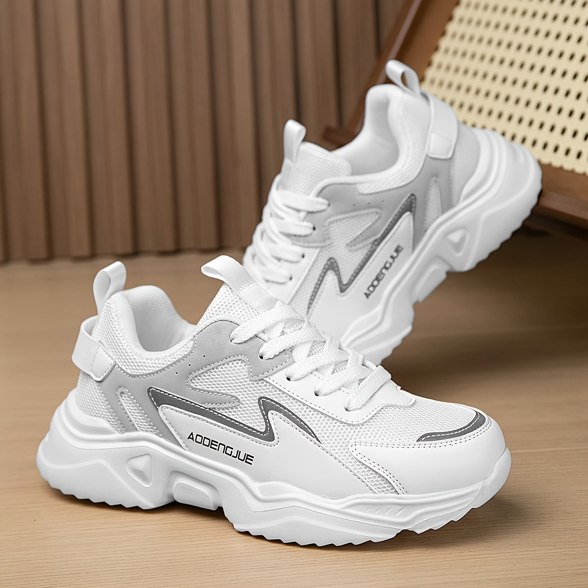 Women's Fashion Sneakers White Gray Patchwork Lace-Up Casual Shoes