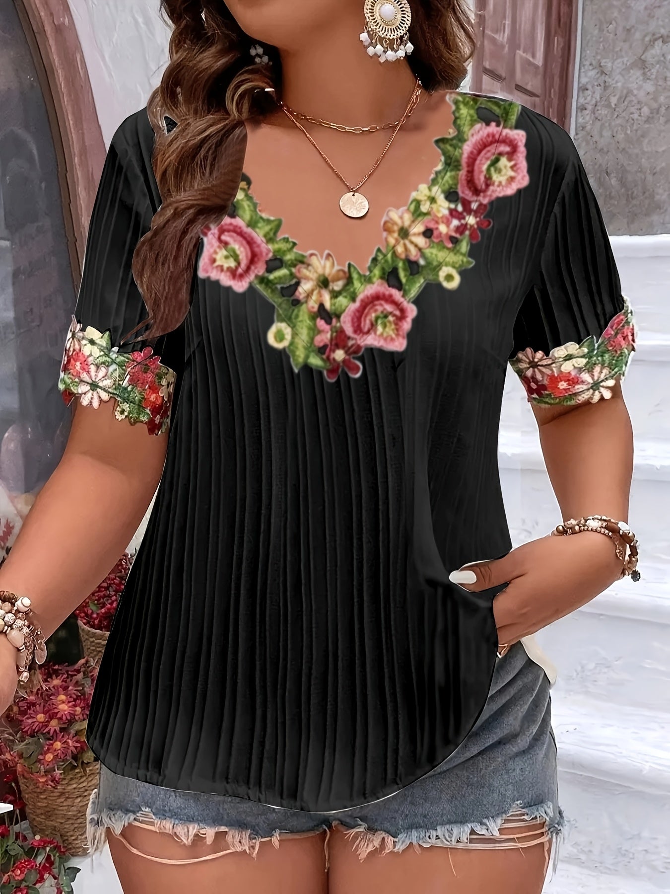 Ayollar uchun tikilgan V-yuqa ko'ylagi yengil polyester yozgi top ruffle trim