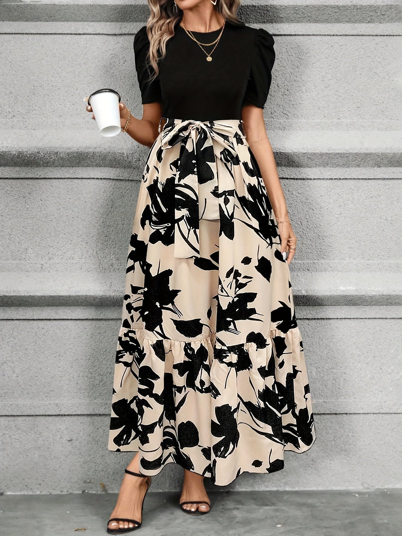 Women's Floral Print Dress with Crew Neck Short Sleeves Tie Waist Ankle Length
