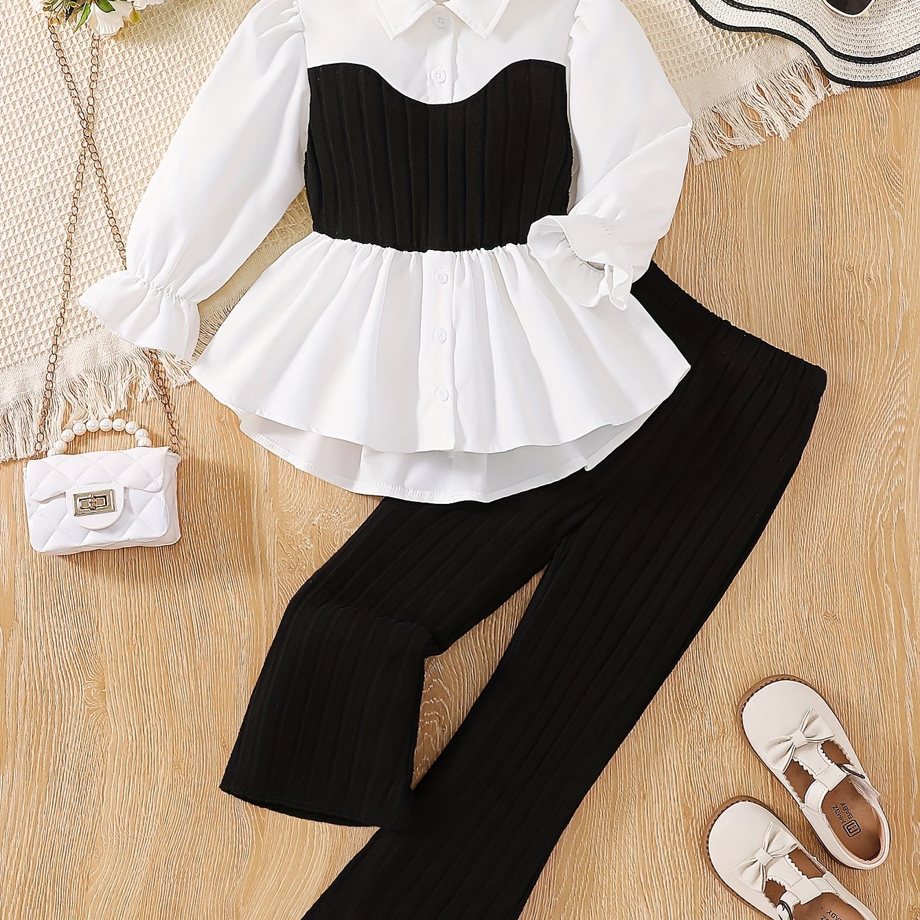 Girls Autumn Two-Piece Set Long Sleeve Collared Shirt and Stretch Pants for Casual and Daily Wear