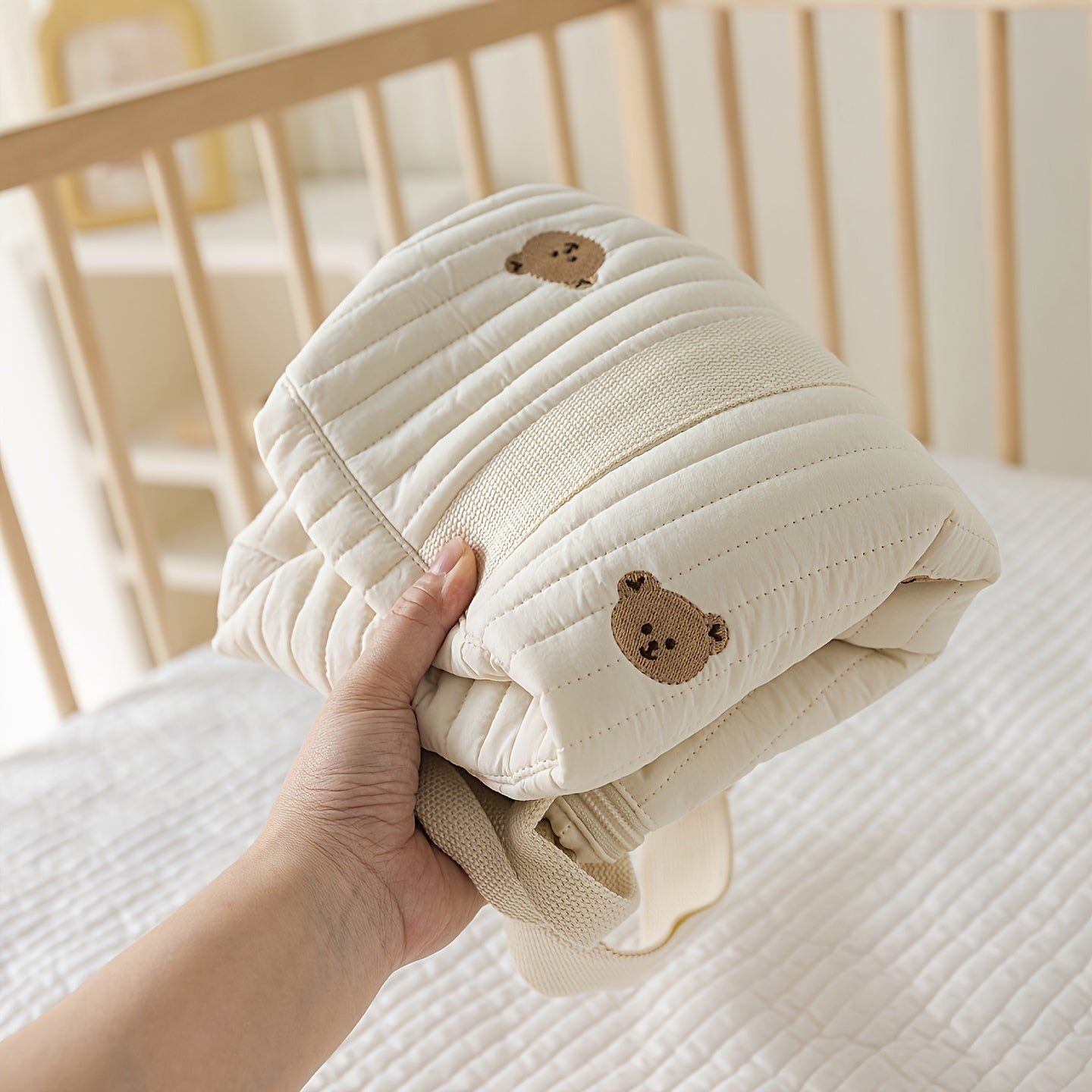 Quilted Diaper Bag for Parents with Embroidered Animal Print and Multiple Compartments