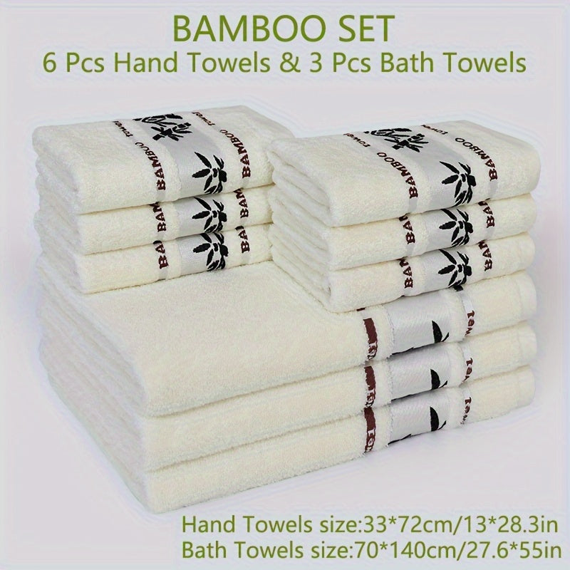 Bamboo Fiber Towel Set 9 Pieces Quick-Dry Embroidered Bath and Hand Towels