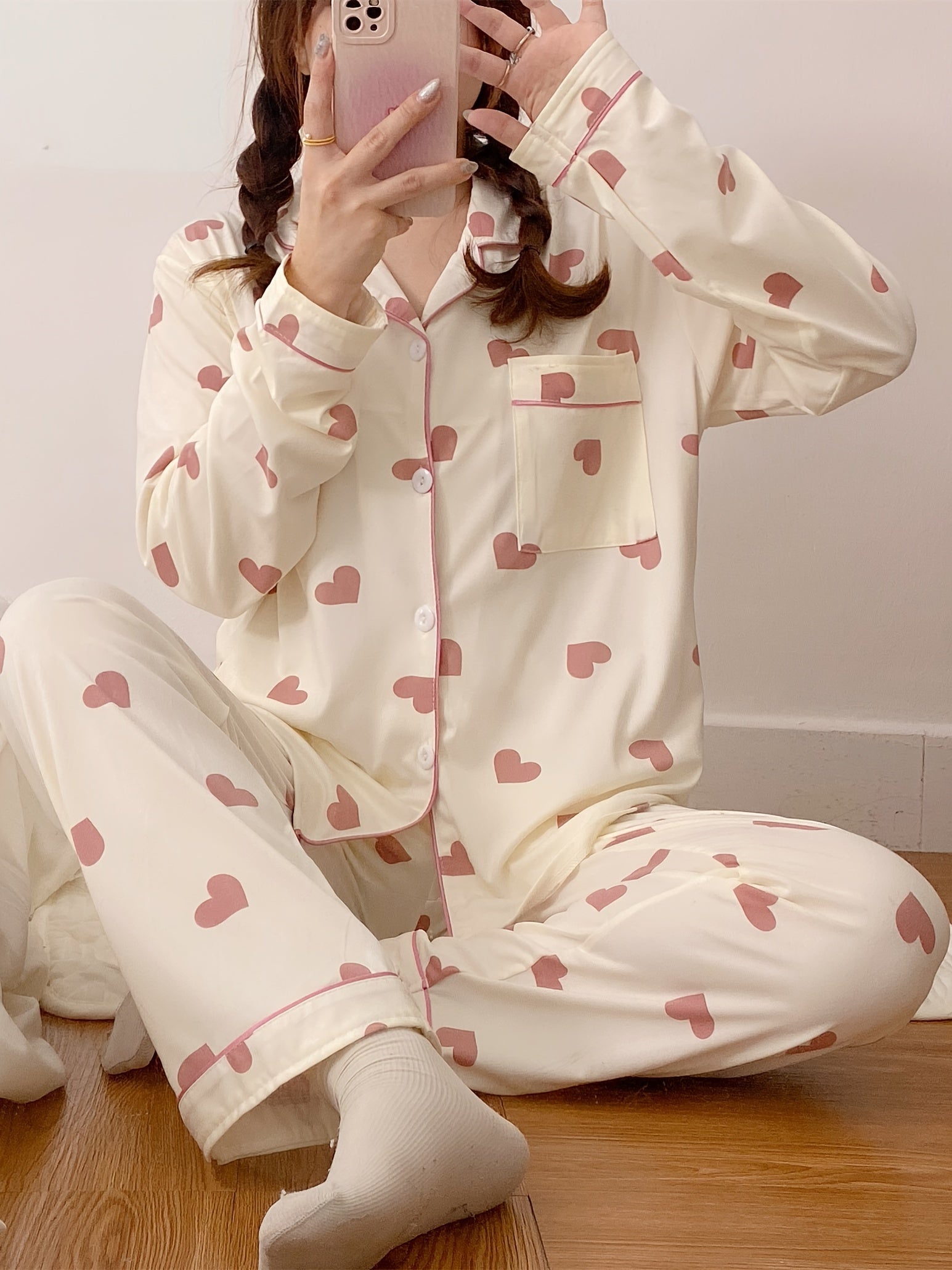 Women's Heart Pattern Pajama Set Polyester Long Sleeve Spring Fall Casual