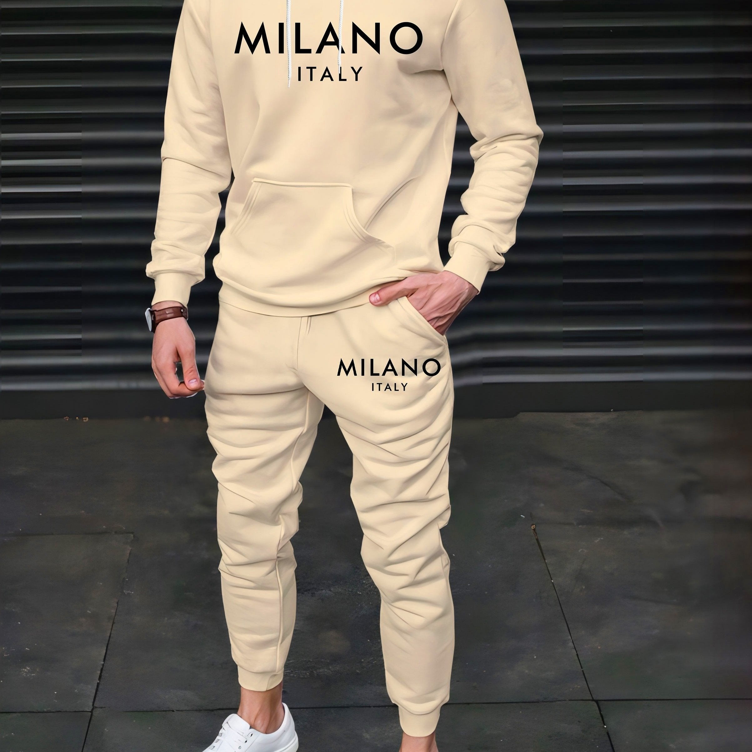 Men's Beige Hoodie and Shorts Set Casual Sportswear with 3D Letter Print
