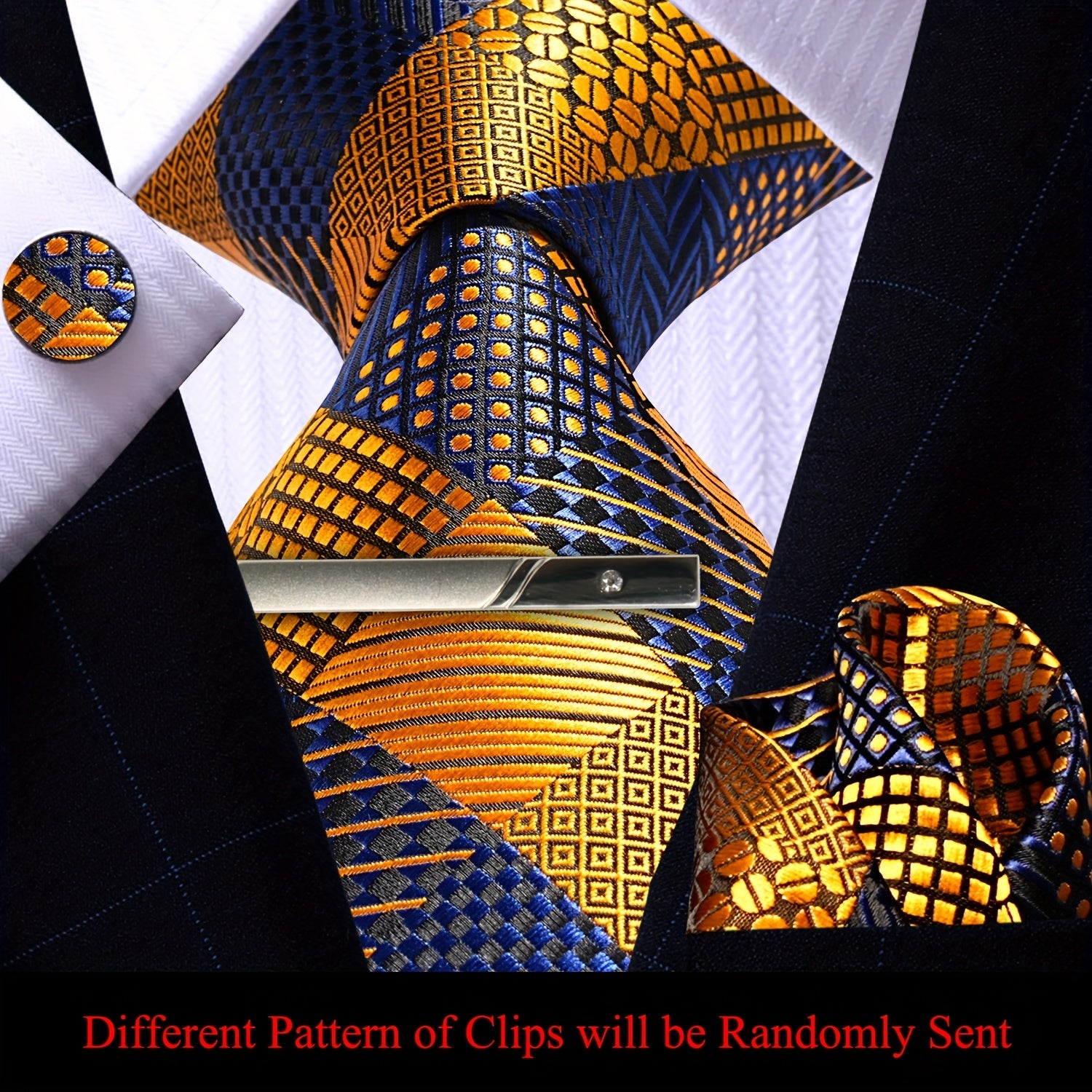 Men's Plaid Tie Pocket Square Cufflinks and Clip Set