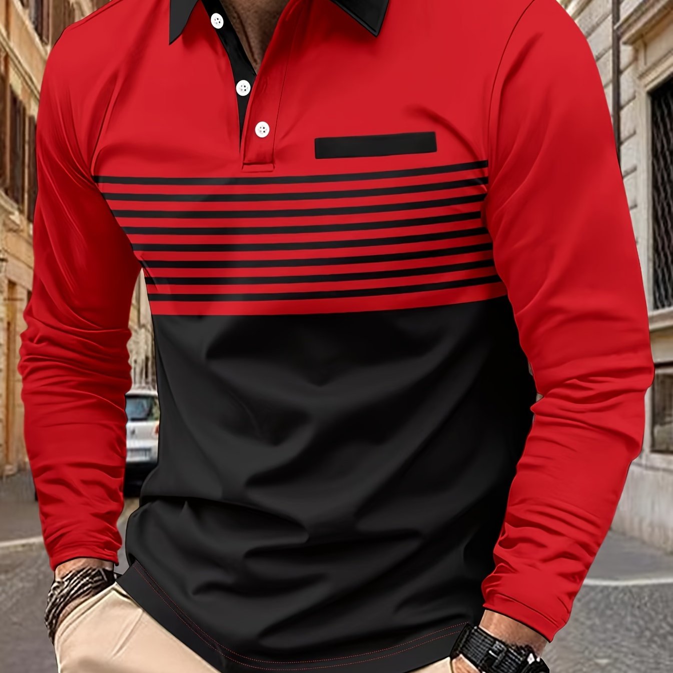 Men's Long Sleeve Color Block Golf Shirt with Striped Pattern and Slight Stretch