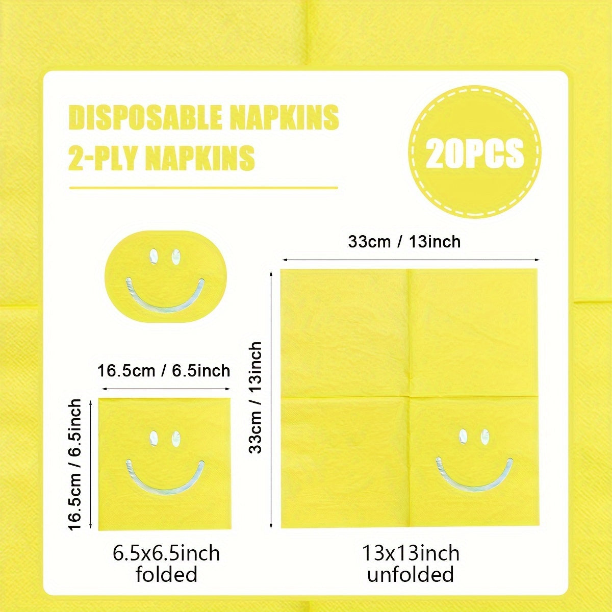 Set of 20 Yellow Smiley Face Disposable Napkins 2-Ply Paper 33 cm for Parties