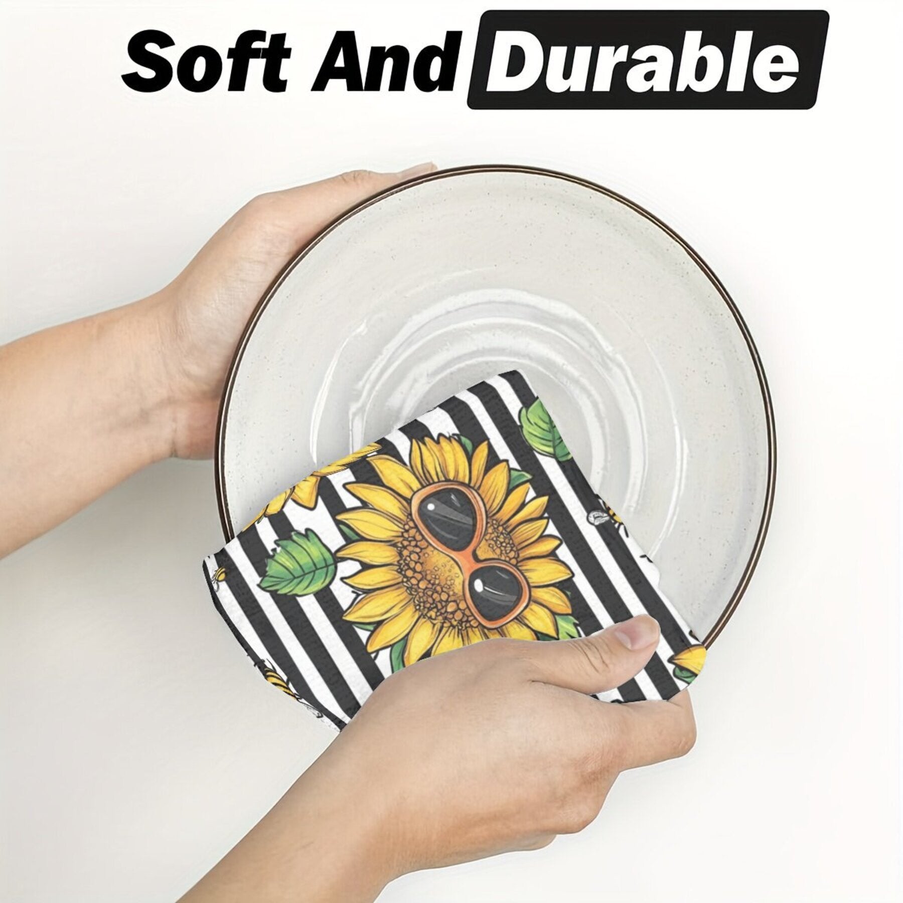 Sunflower naqshiga ega zamonaviy ikki dona oshxona matosi, toqilgan polyester materialdan tayyorlangan. Ushbu oblong oshxona sochiqlari gullar mavzusida bo'lib, faqat qo'lda yuvish uchun mo'ljallangan. Oshxonada foydalanish uchun ideal.