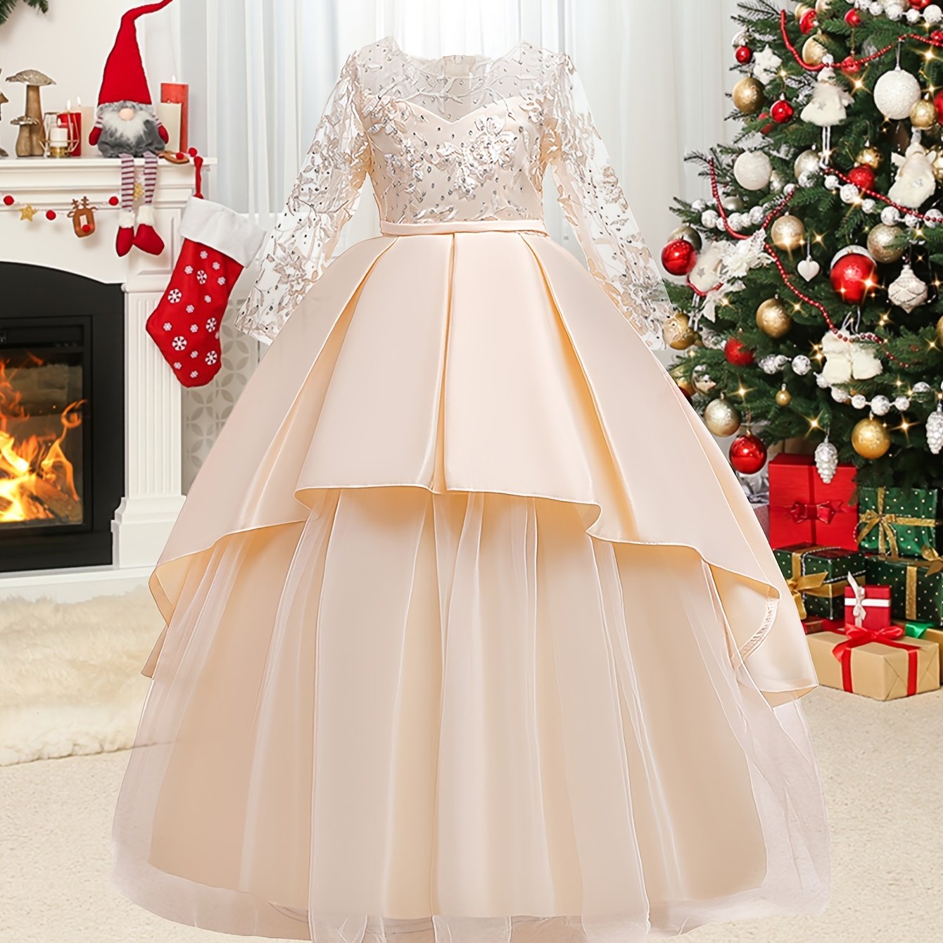 Girls Long Sleeve Tulle Wedding Dress with Bow Crew Neck Fit and Flare All-Season Costume