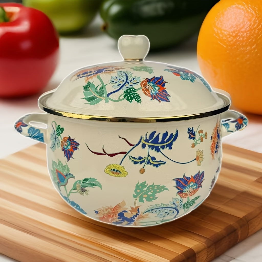 Enamel Soup Pot with Rose Ceramic Lid, Dual Handles, Dual-Tone Coating