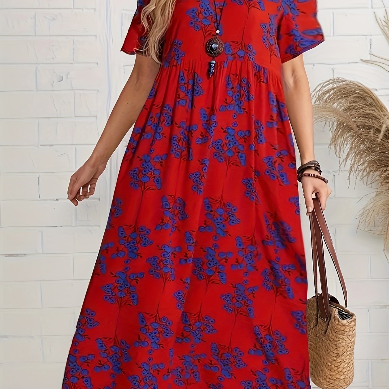 Women's Floral Print Polyester A-Line Midi Dress with Drop Shoulder Sleeves for Spring Summer Fall
