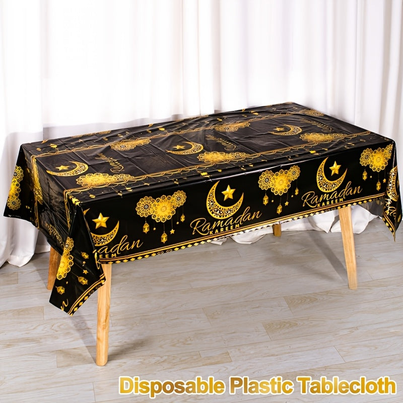 Ramadan Disposable Plastic Tablecloth Black Gold Moon Lantern Star 130x220cm for Eid Al-Fitr and Eid Al-Adha