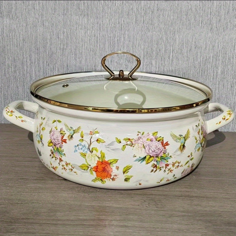 Enamel Seafood Stockpot Set 4.7L and 5.8L with Glass Lid for Stews, Gas & Induction