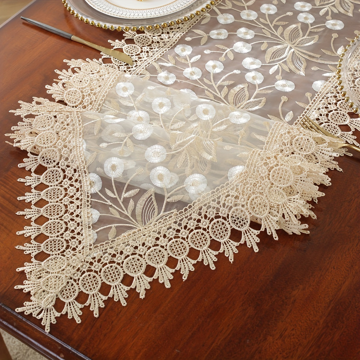 White Embroidered Organza Table Runner for Holiday Wedding Dining Decor