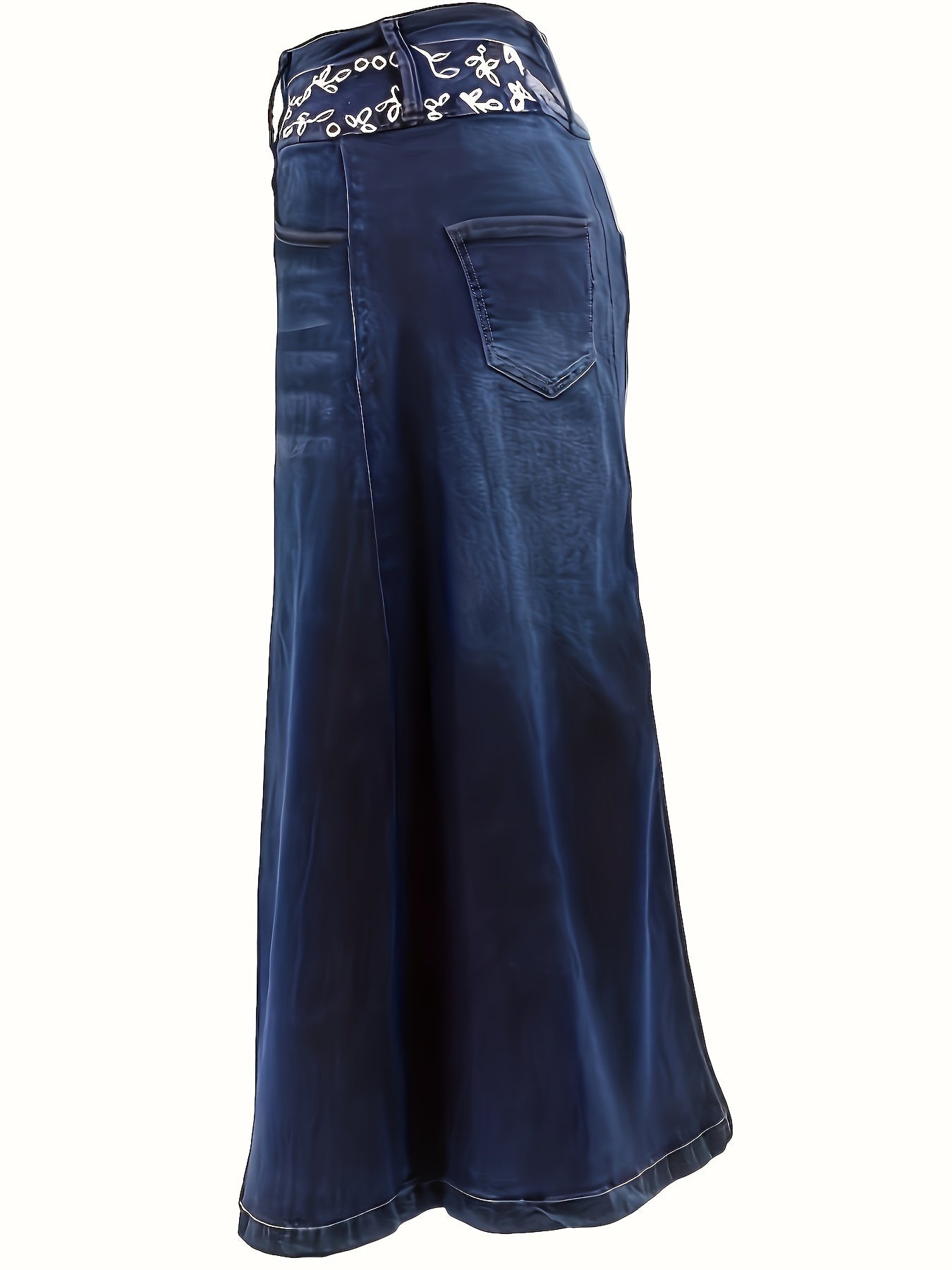 Women's Plus Size Blue Stretch Denim A-Line Midi Skirt With Button Details