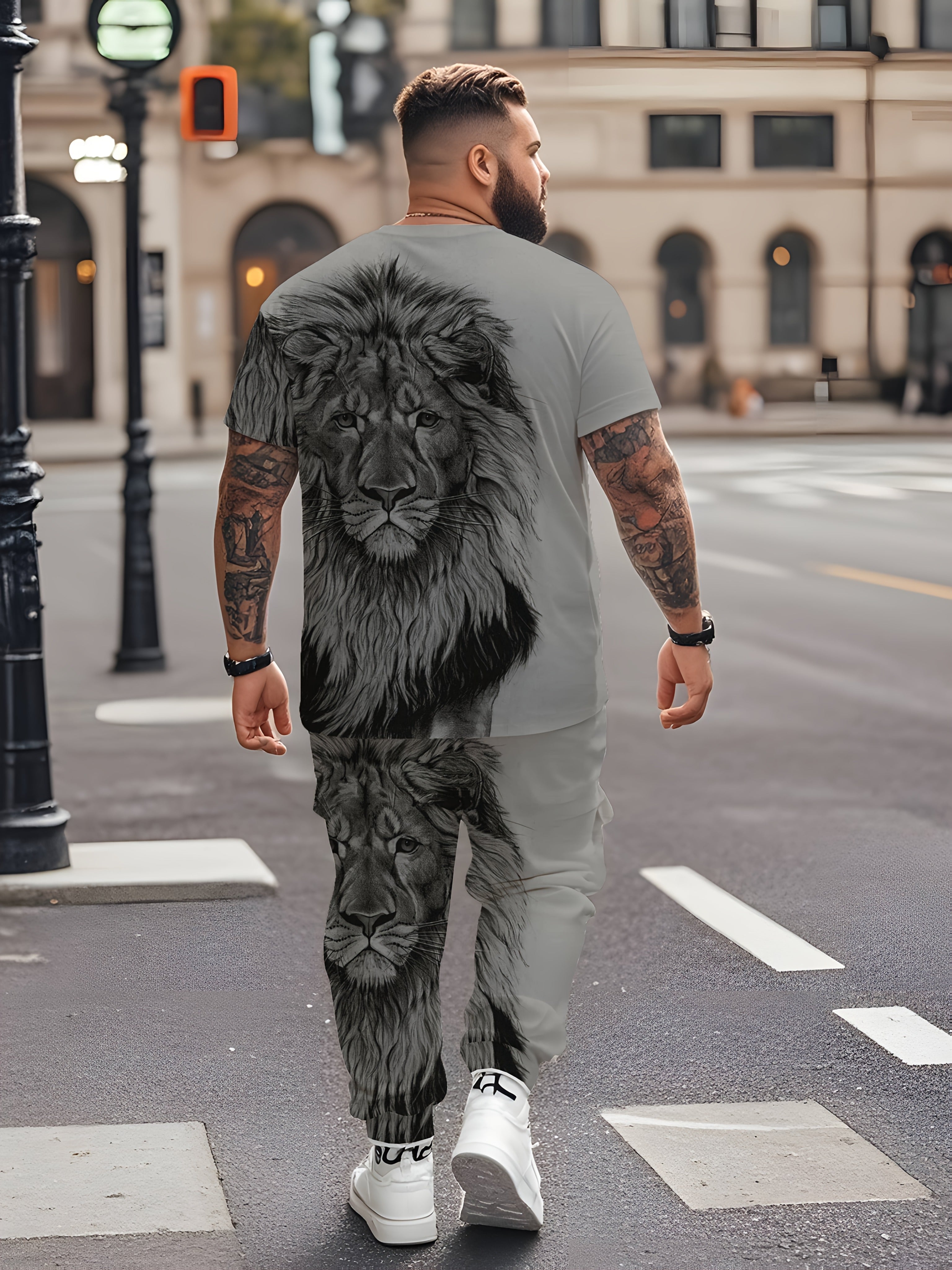 Men's Plus Size Lion Print Casual Outfit Short Sleeve T-Shirt and Sweatpants Set Summer Knit Fabric