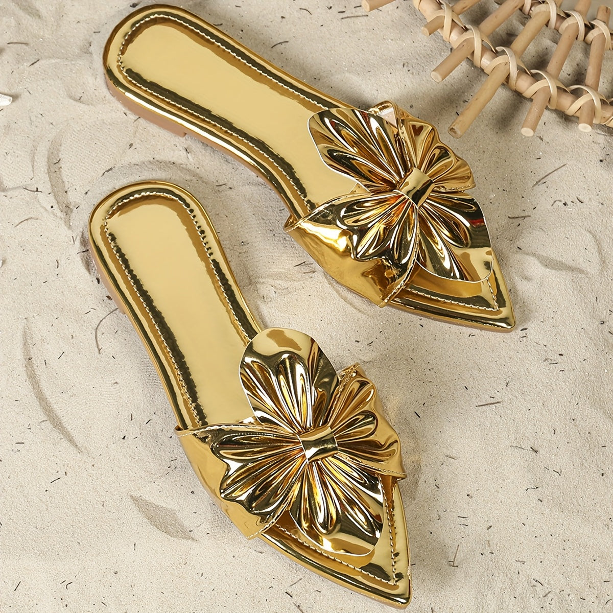 Women Metallic Slip-On Mules with Floral Bow Pointed Toe Flats