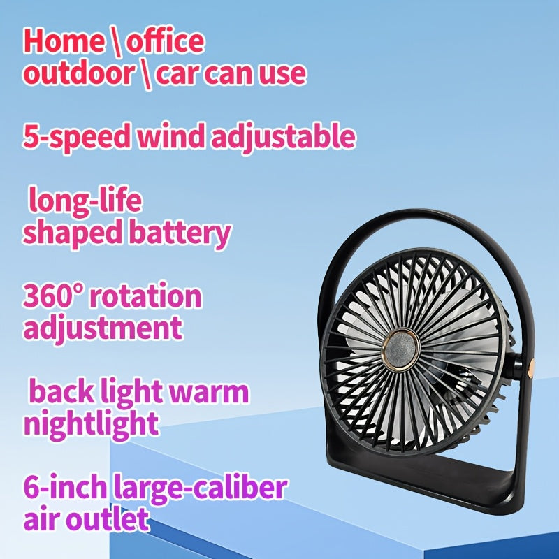 Compact 6-Inch LED Table Fan with Backlight Rechargeable USB Battery for Office Camping Travel