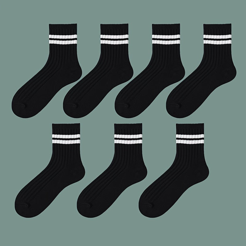 7 Pairs Black and White Thick Mid-Length Socks for Autumn Winter Breathable Comfort