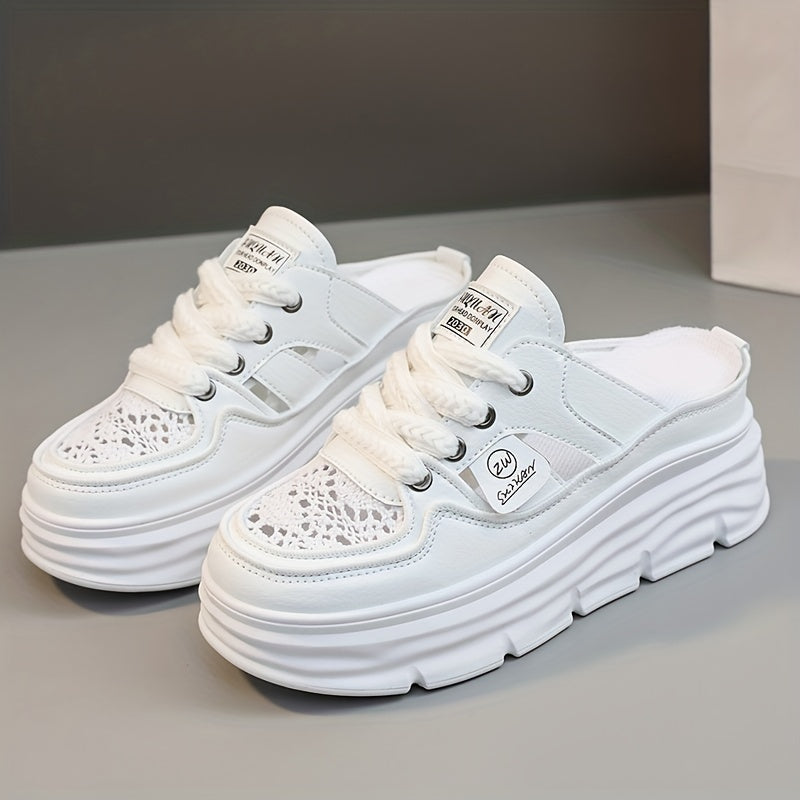 Women's Breathable Platform Mule Sneakers with Cutout Design and Lace-Up Closure